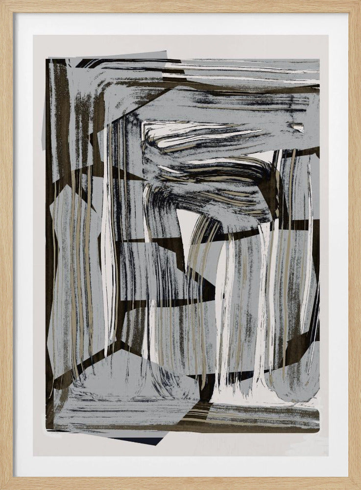 An abstract artwork in a black frame, featuring a dynamic collage of layered shapes and energetic brushstrokes in a neutral palette of gray, black, beige, and white. Artwork