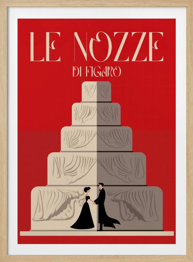 A minimalist Art Deco-style poster for the opera 'Le Nozze di Figaro'. Against a vibrant red background, a large, cream-colored, multi-tiered wedding cake stands in the center. At the base of the cake, a small, elegant couple dressed in black formalwear holds hands. The title is written in a stylized cream font at the top. Print