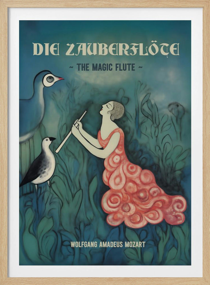 A vintage-style poster for Wolfgang Amadeus Mozart's opera 'The Magic Flute'. A stylized woman in a flowing red dress plays a flute in a lush, blue-green landscape under a full moon, enchanting two large birds. Artwork
