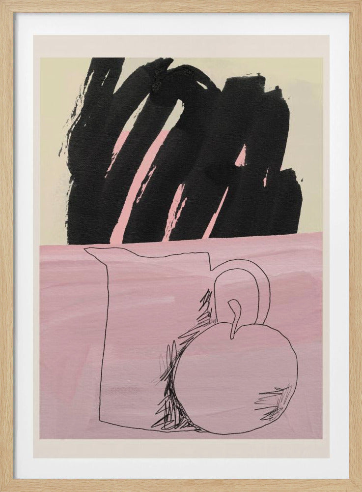An abstract still life artwork with a split background. The bottom half is a textured pink, featuring a simple black line drawing of a pitcher and a round fruit. The top half is a cream color, dominated by a large, expressive black brushstroke with pink accents showing through. The piece is framed in black. Artwork