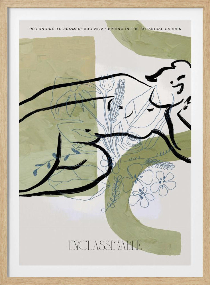 An abstract art print in a black frame, featuring sage green painted shapes on an off-white background. Overlaid are two distinct styles of drawing: a bold, black ink line suggesting a reclining figure, and delicate, blue-gray line art of various flowers and leaves. Text at the top reads 'BELONGING TO SUMMER' and 'SPRING IN THE BOTANICAL GARDEN', and the word 'UNCLASSIFIABLE' is at the bottom. Poster