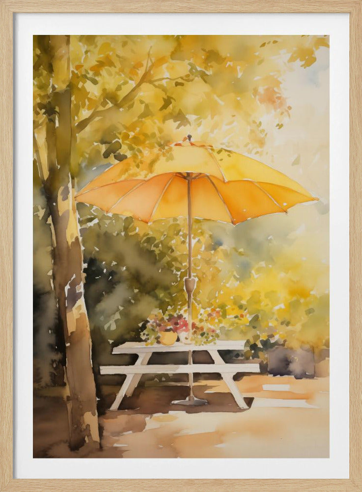 A soft watercolor painting of a sunny autumn scene, featuring a bright yellow-orange umbrella shading a white picnic table under a tree with golden leaves. Artwork