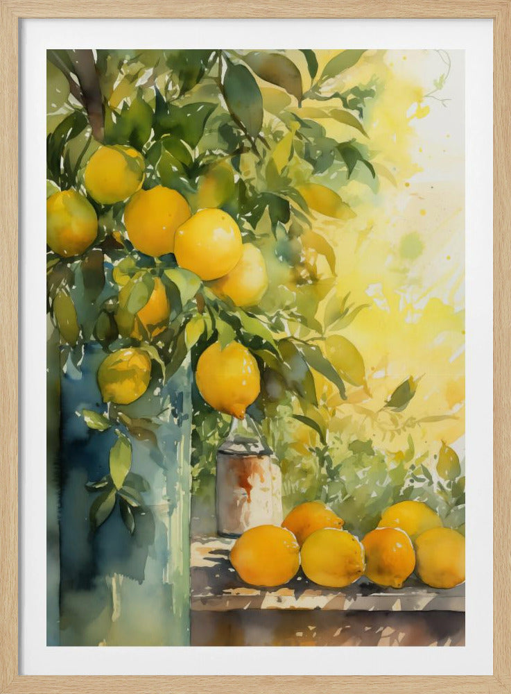 A vibrant watercolor painting of a lemon tree, with ripe yellow lemons nestled among lush green leaves. Some branches are arranged in a tall blue-green vase, while a cluster of freshly picked lemons rests on a wooden table. The background is a bright, sunny yellow, suggesting a warm, sunny day. Artwork