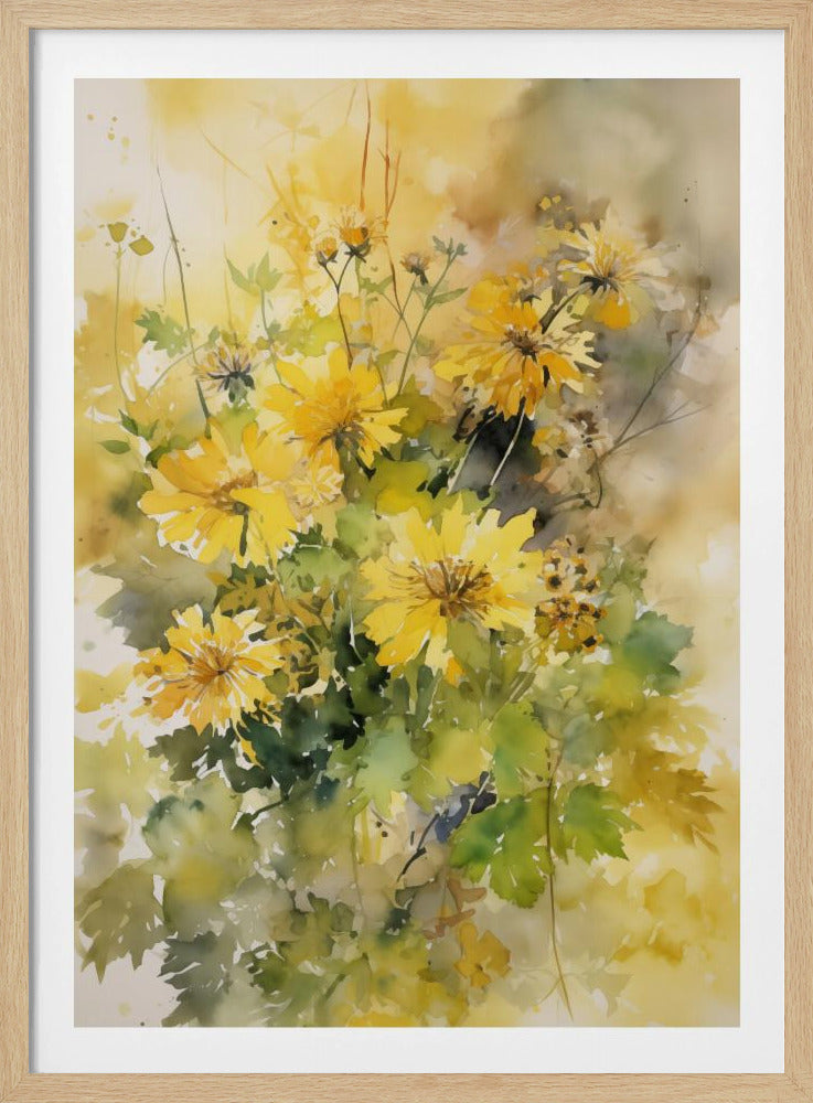 A delicate watercolor painting of a bouquet of vibrant yellow chrysanthemums with lush green leaves, set against a soft, blended background of warm yellows and earthy tones. The artwork is displayed in a thin black frame. Decor