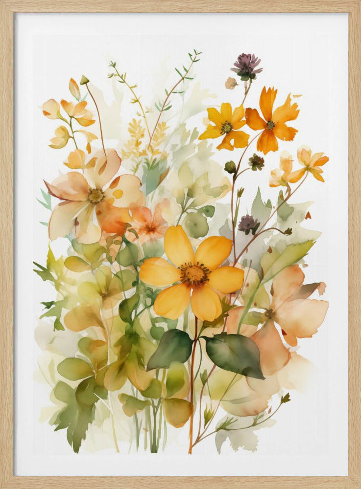 A delicate watercolor painting of a bouquet of wildflowers in shades of yellow, orange, and peach, with soft green leaves and stems against a white background, all within a thin black frame. Poster