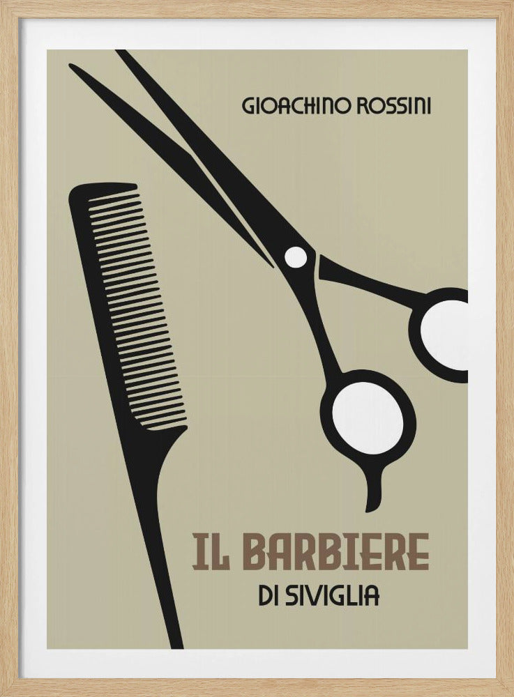 A minimalist poster for Gioachino Rossini's opera 'Il Barbiere di Siviglia'. The design features black silhouettes of a comb and scissors against a beige background. The composer's name and the opera's title are written in stylized fonts. The poster is enclosed in a black frame. Decor
