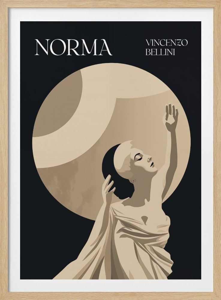 A minimalist Art Deco-style poster for the opera 'Norma' by Vincenzo Bellini. The illustration features a woman in a cream gown posing dramatically in front of a large, stylized moon against a stark black background. Poster