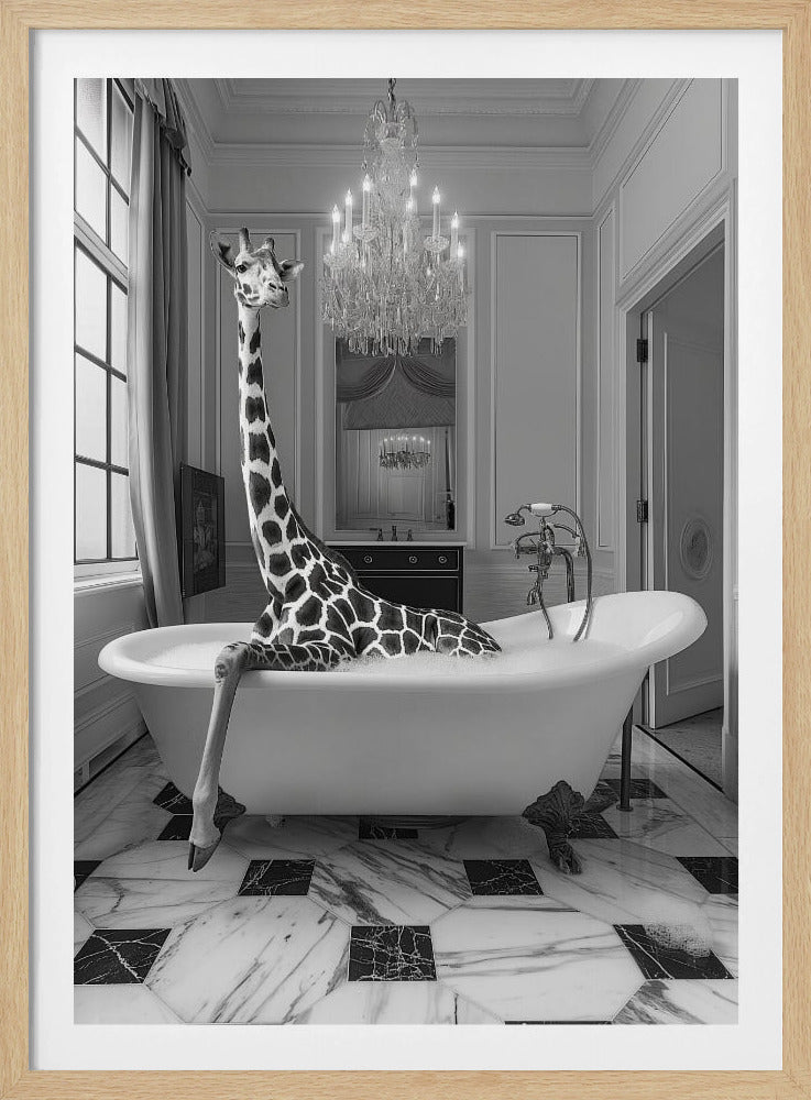A whimsical black and white photo of a giraffe relaxing in a bubble bath inside a luxurious bathroom. The giraffe sits in a classic clawfoot tub with one leg hanging over the side, its long neck reaching up towards an elegant crystal chandelier. Print