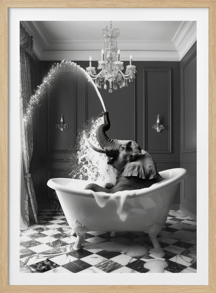 A whimsical black and white photograph of an elephant joyfully sitting in a vintage clawfoot bathtub inside an elegant bathroom. The elephant is spraying a large arc of water from its trunk, creating a playful splash. The room features a crystal chandelier, dark paneled walls, and a checkered floor. Wall Art