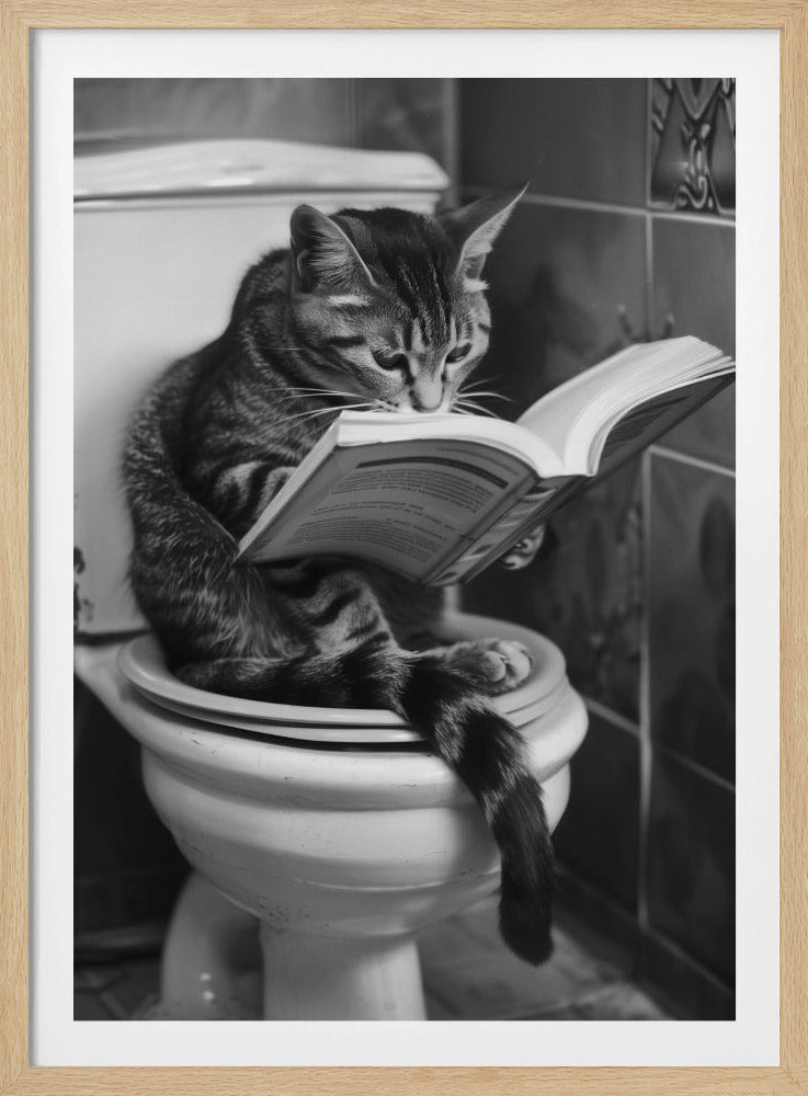 A humorous black and white photograph of a tabby cat sitting on a toilet while intently reading an open book it's holding with its paws. Poster