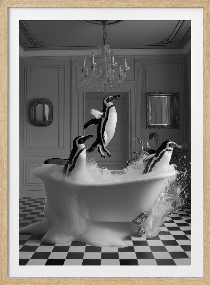 A surreal black and white image of three playful penguins splashing and jumping in a clawfoot bathtub overflowing with bubbles. The scene is set in an elegant bathroom with a black and white checkered floor and a chandelier hanging from the ceiling. Poster