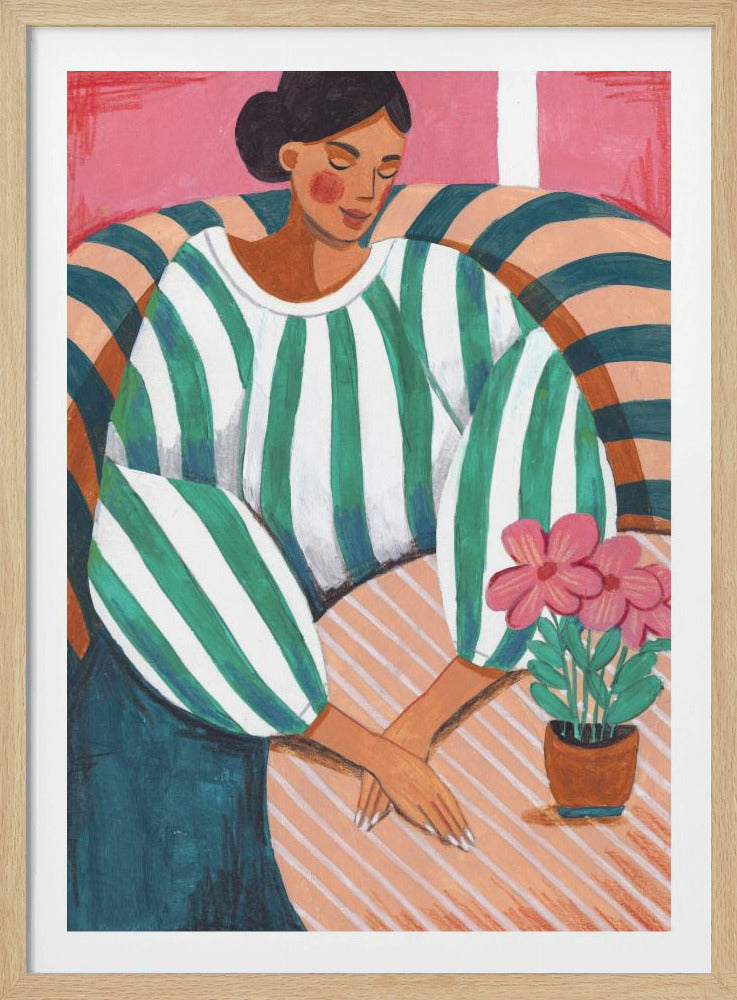 A vibrant, painterly illustration of a woman with dark hair in a bun, sitting peacefully with her eyes closed. She wears a bold green and white striped shirt and sits in a large, striped armchair. In front of her, on a striped surface, is a small potted plant with pink flowers. The overall mood is calm and contented. Artwork