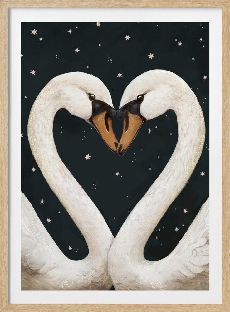 An illustration of two white swans facing each other, their gracefully curved necks forming a perfect heart shape against a dark, starry night sky. Their beaks are touching in the center. Wall Art