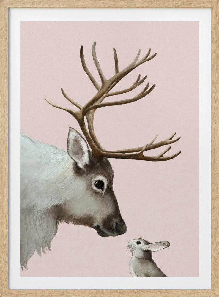 An illustration of a large reindeer with antlers gently looking down at a small rabbit, which is looking up at it. The background is a solid pale pink. Print