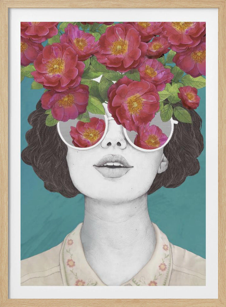 A stylized illustrated portrait of a woman's face and shoulders against a solid teal background. The woman's skin and hair are rendered in a black and white pencil sketch style, while a large, vibrant bouquet of pink flowers with yellow centers sits on her head like a hat. She wears large, round, white-framed sunglasses that reflect the flowers. Decor