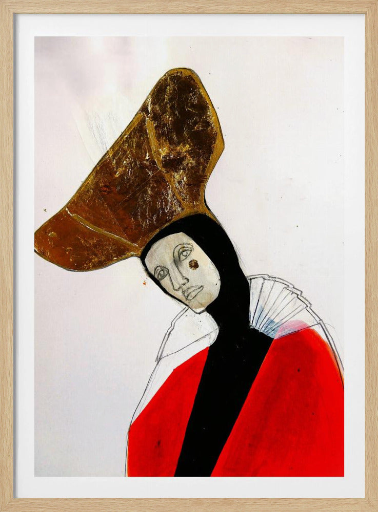 A modern, stylized portrait of a figure with a pale face and a somber expression, wearing a large, textured gold headdress, a black garment, and a bright red cloak against a stark white background. Poster