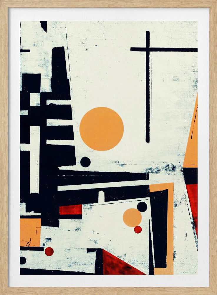 An abstract geometric painting with a distressed off-white background. The composition features bold black lines and block shapes, a large orange circle near the center, and smaller orange and red circles and triangles scattered throughout. The piece has a textured, weathered appearance, reminiscent of a collage or block print, and is framed in black. Print