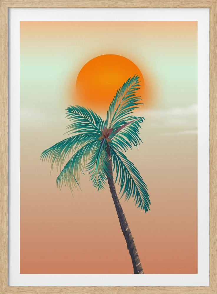 A modern graphic illustration of a single palm tree with teal fronds set against a large, vibrant orange sun. The background is a soft gradient from pale green to warm peach, evoking a tropical sunset. Artwork