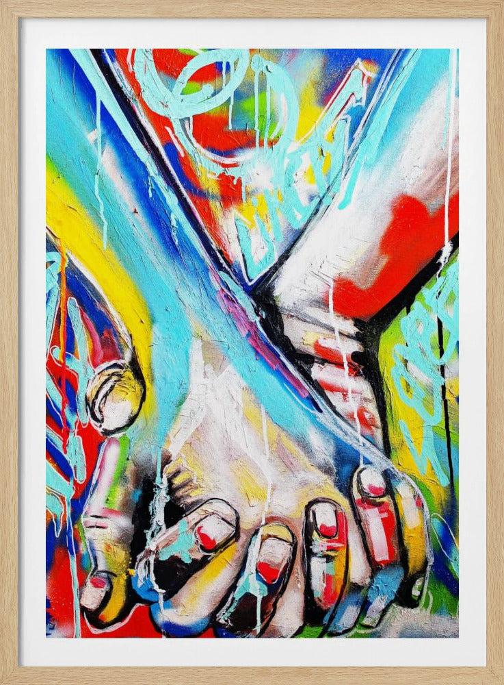 A vibrant and colorful graffiti-style painting depicting two hands clasped together in a strong grip. The artwork is filled with bright blue, red, and yellow spray paint, with expressive drips, bold lines, and a peace sign faintly visible in the background. Decor