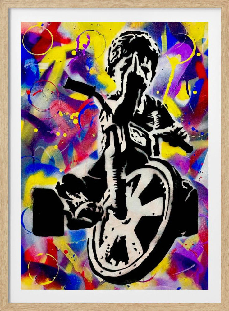 A vibrant graffiti-style painting featuring a black and white stencil of a person on a tricycle against a chaotic, colorful background of yellow, blue, and red spray paint splatters and circles. Wall Art