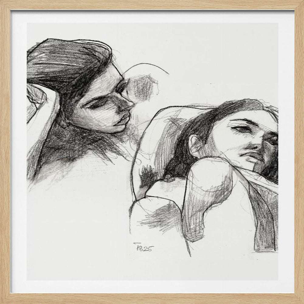 A framed black and white pencil sketch of two women. One woman in the upper left has her hair in a bun and rests her head on her hand, looking down. The other woman in the foreground is reclining, looking up at the viewer. The style is loose and expressive. Print