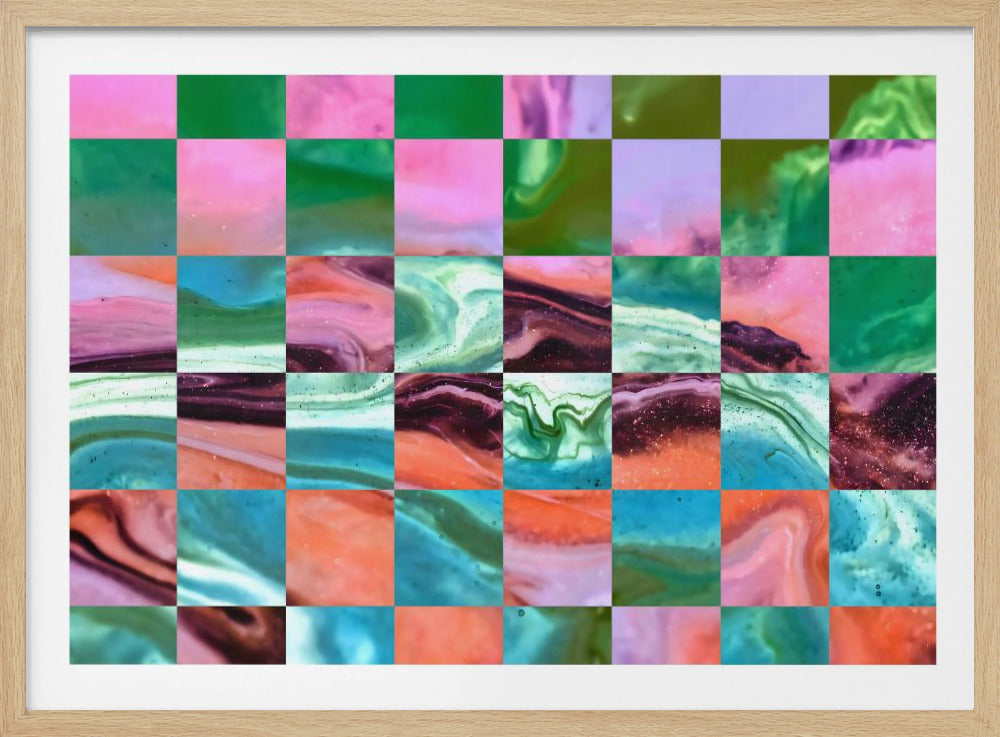 An abstract artwork designed as a checkerboard with a silver frame. Each square of the grid is filled with a unique, vibrant, marbled fluid art pattern in a variety of colors including green, pink, blue, purple, and orange. Wall Art