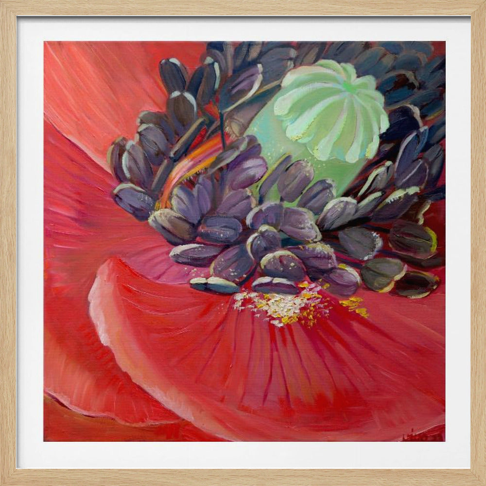 An expressive, close-up oil painting of the center of a vibrant red poppy flower, featuring detailed purple stamens and a light green pistil. The textured brushstrokes are visible, and the artwork is presented in a simple, light wood frame. Print