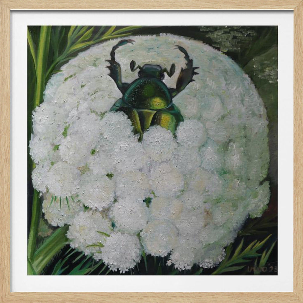 A framed square oil painting depicting a large, iridescent green beetle emerging from the top of a textured white cauliflower head, set against a dark background of green leaves. Artwork