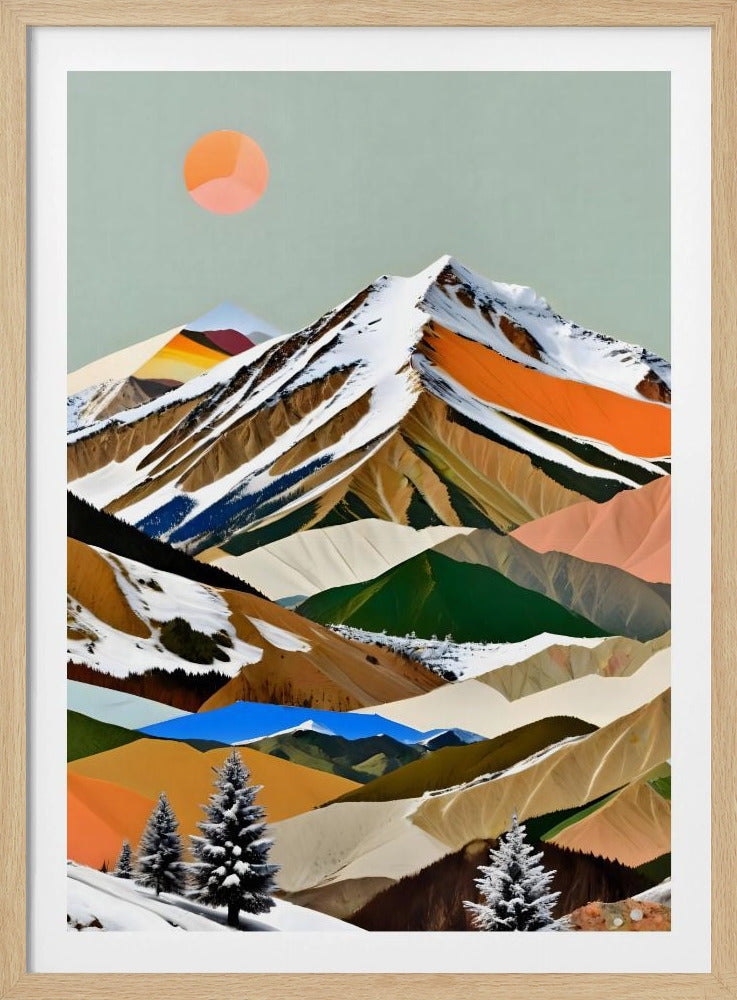 A framed modern art piece depicting a stylized, geometric mountain range. The peaks are covered in snow, and the slopes are composed of blocks of color including shades of brown, green, orange, and blue. A faceted orange sun is visible in the muted green sky, and snow-dusted pine trees are in the foreground. Poster