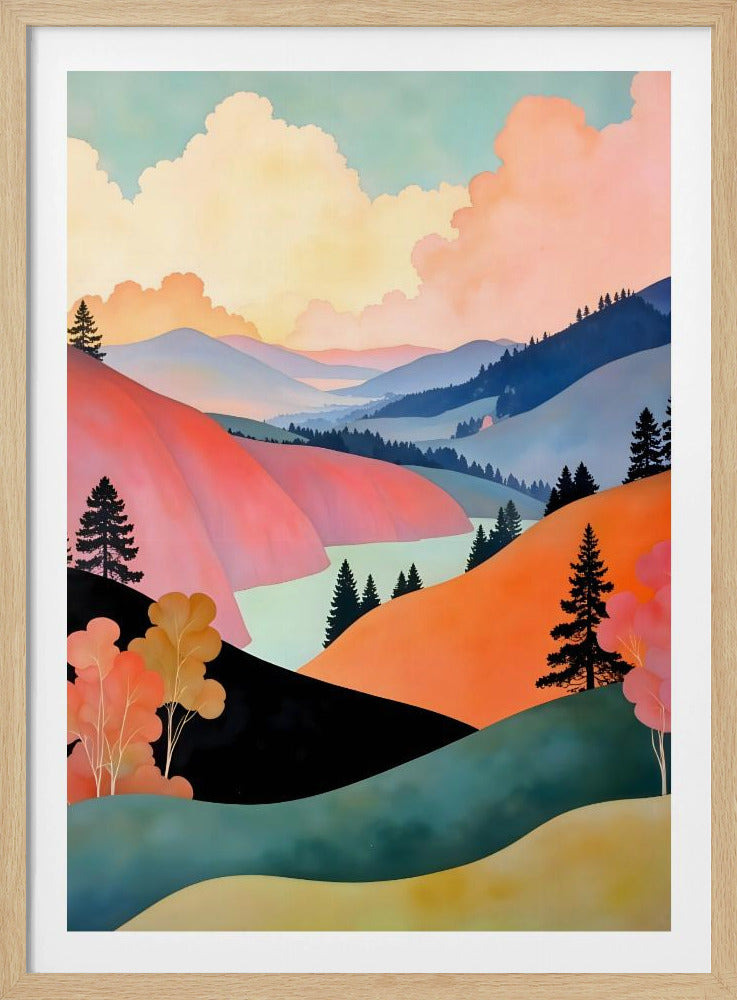A stylized landscape painting of rolling hills in vibrant pink, orange, and green. A light teal body of water sits in a valley between the hills. In the background, layers of blue mountains recede towards the horizon under a pastel sky with fluffy pink and yellow clouds. Dark, stylized evergreen trees are scattered throughout the scene. Artwork