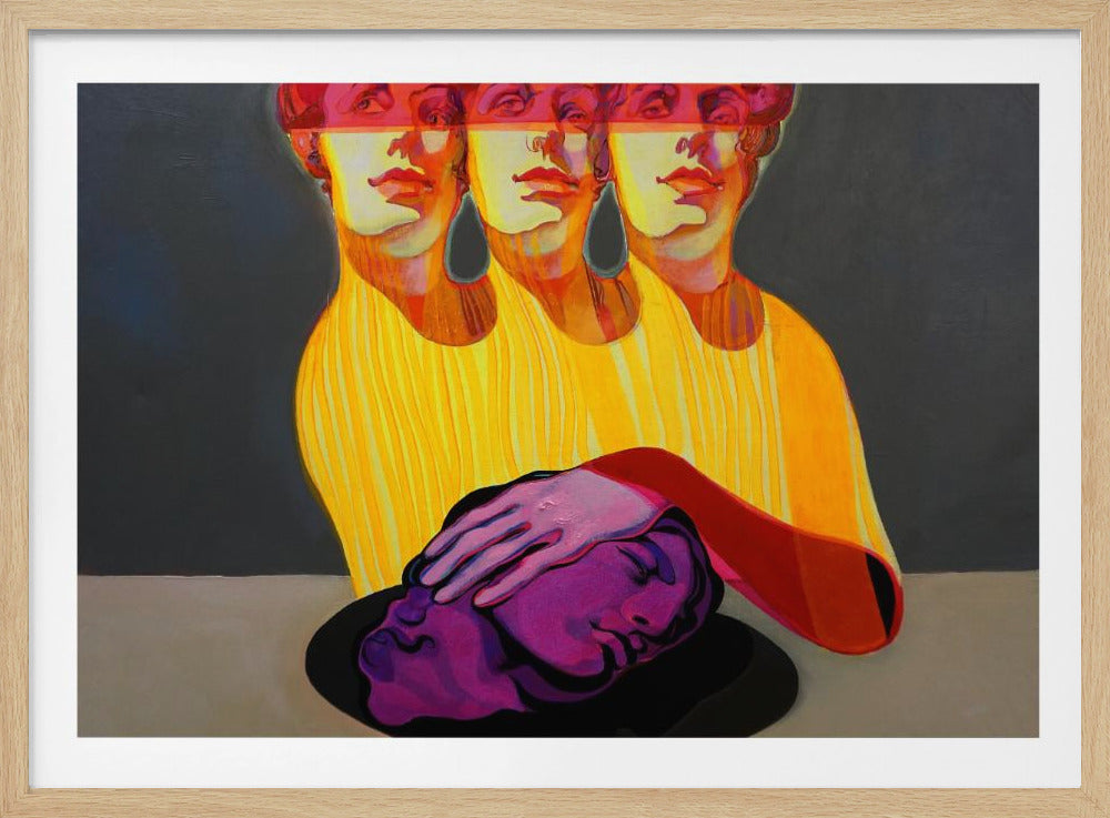 A modern figurative painting depicting three overlapping female figures in vibrant yellow against a dark gray background. Their eyes are covered by a red translucent bar. In the foreground, a hand gently caresses a purple sculpted head served on a black platter. The artwork is framed in silver. Print