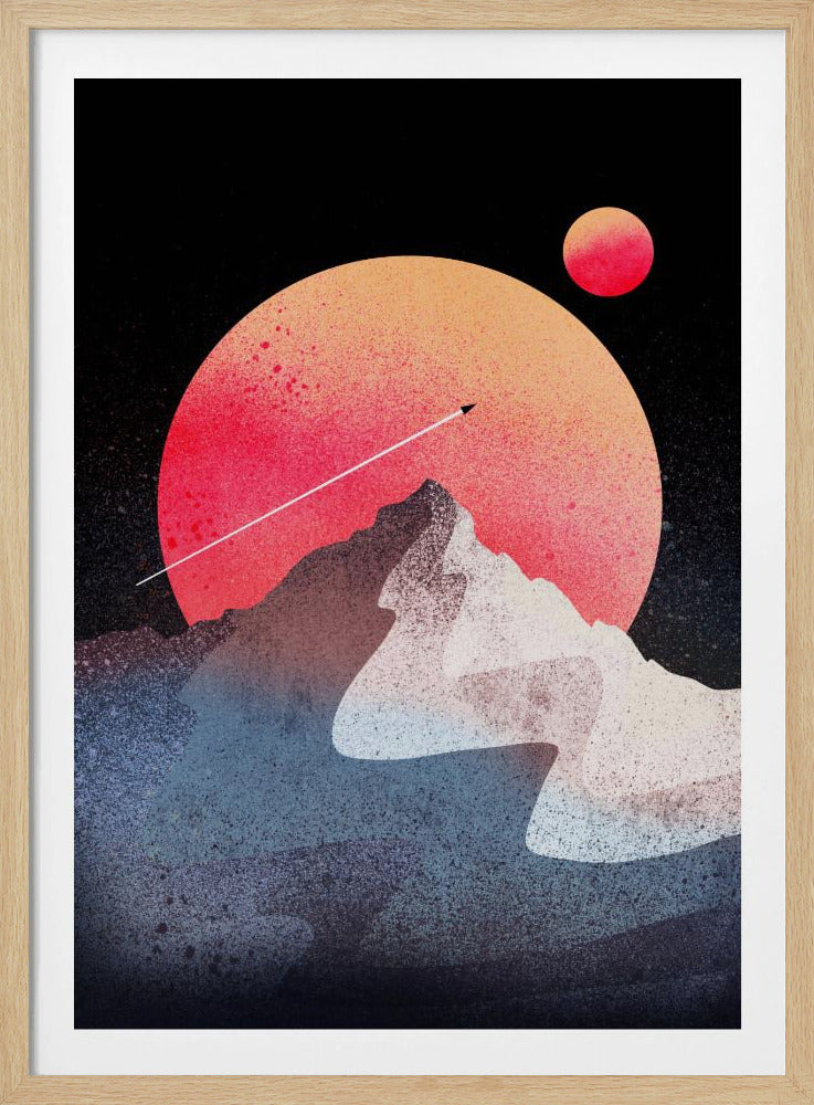 A stylized graphic illustration of a mountain peak against a black, starry sky. A large, spray-painted red and orange planet rises behind the mountain, with a smaller red planet floating above. A thin white line with an arrow, representing a spacecraft, streaks across the scene. Print