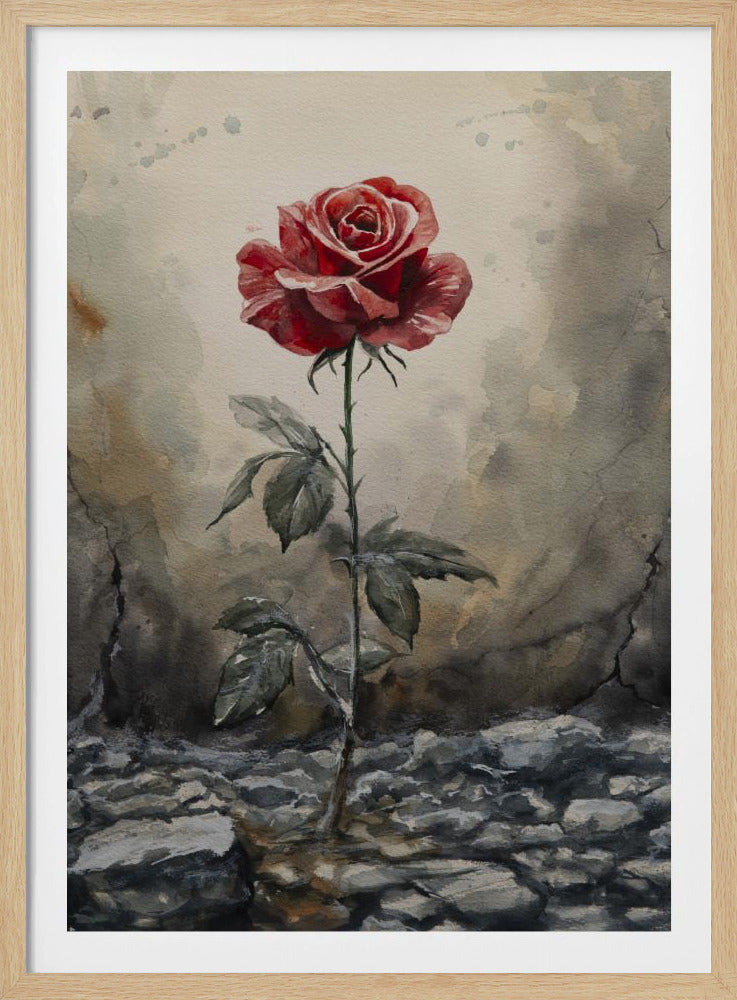A watercolor painting of a single vibrant red rose growing defiantly from a bed of cracked grey rocks. The background is a muted, textured wash of beige and grey, highlighting the flower's resilience and beauty. Wall Art