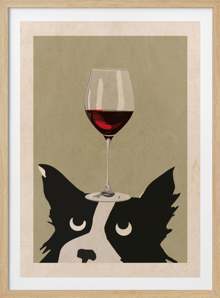 A graphic illustration of a black and white dog, possibly a border collie, peeking up from the bottom of the frame and balancing a glass of red wine on its head. The background is a solid muted green-taupe color. Wall Art