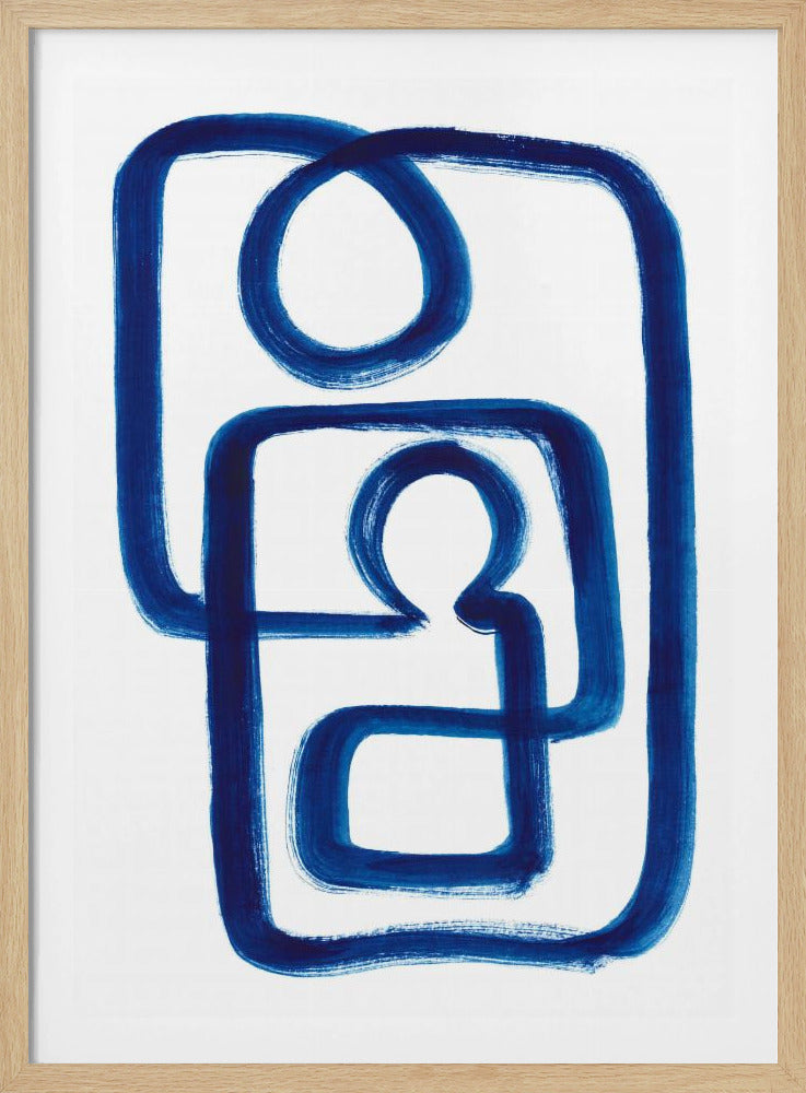 A minimalist abstract painting featuring a thick, continuous dark blue brushstroke on a white background, enclosed in a black frame. The line creates two interconnected shapes, a loop on top and a more complex rectangular shape below with a keyhole-like negative space inside. Wall Art