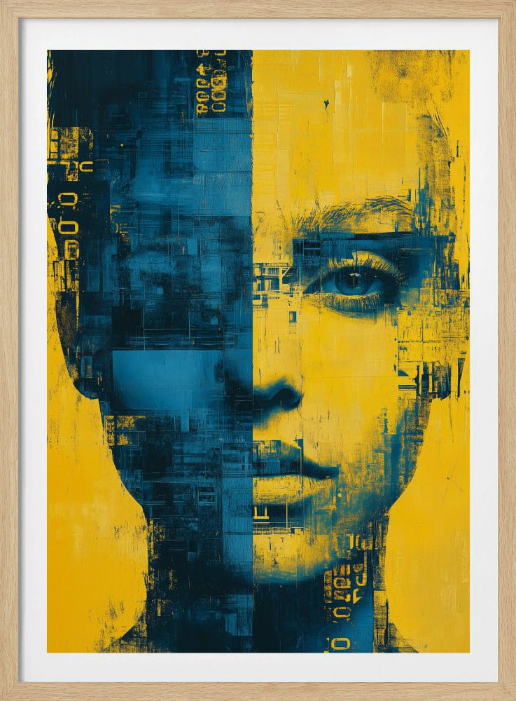 An abstract digital art portrait of a face split vertically into two halves. The left side is dark blue with glitchy, pixelated textures and yellow digital numbers. The right side is a contrasting bright yellow, with blue digital textures overlaid, revealing a detailed human eye looking forward. The style is futuristic and suggests a fusion of human and machine. Wall Art