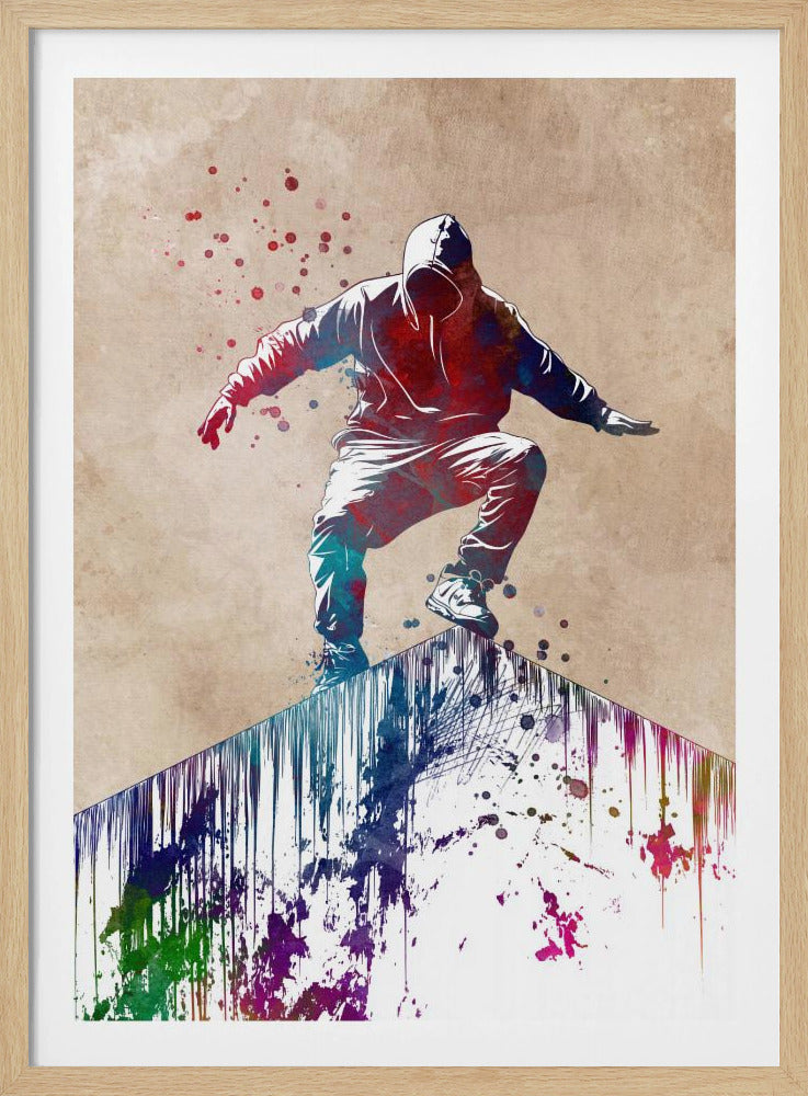 A stylized watercolor illustration of a person in a hoodie crouching on the peak of a roof or wall. The figure is colored with red and blue splashes, and the surface they are on has colorful paint dripping down, against a textured beige background. Poster