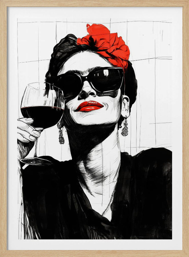 A high-contrast, black and white illustration of a woman resembling Frida Kahlo, with a pop of color. She wears a red floral headpiece, large sunglasses, and bright red lipstick, while holding a glass of red wine and looking confidently upwards. Poster
