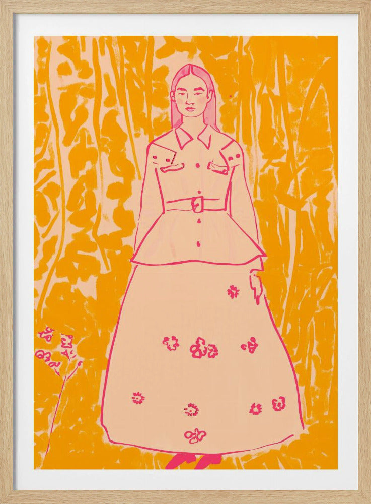 A stylized fashion illustration of a woman with long pink hair standing in a yellow forest. She is wearing a peach-colored peplum jacket with a belt and a matching full-length skirt adorned with pink floral patterns. The artwork uses a limited color palette of yellow, peach, and bold pink outlines. Wall Art