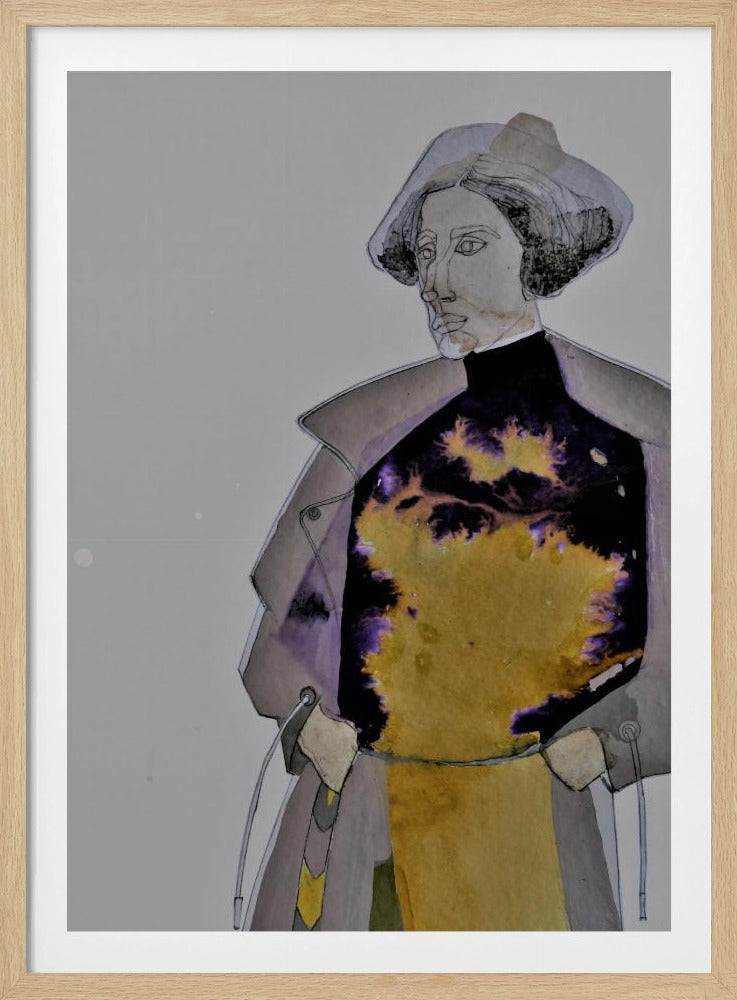 A framed modern artwork featuring a stylized portrait of a person in a gray coat. The figure is outlined in black ink, and their torso is filled with an abstract blot of bleeding yellow, black, and purple watercolor against a plain, light-gray background. Decor