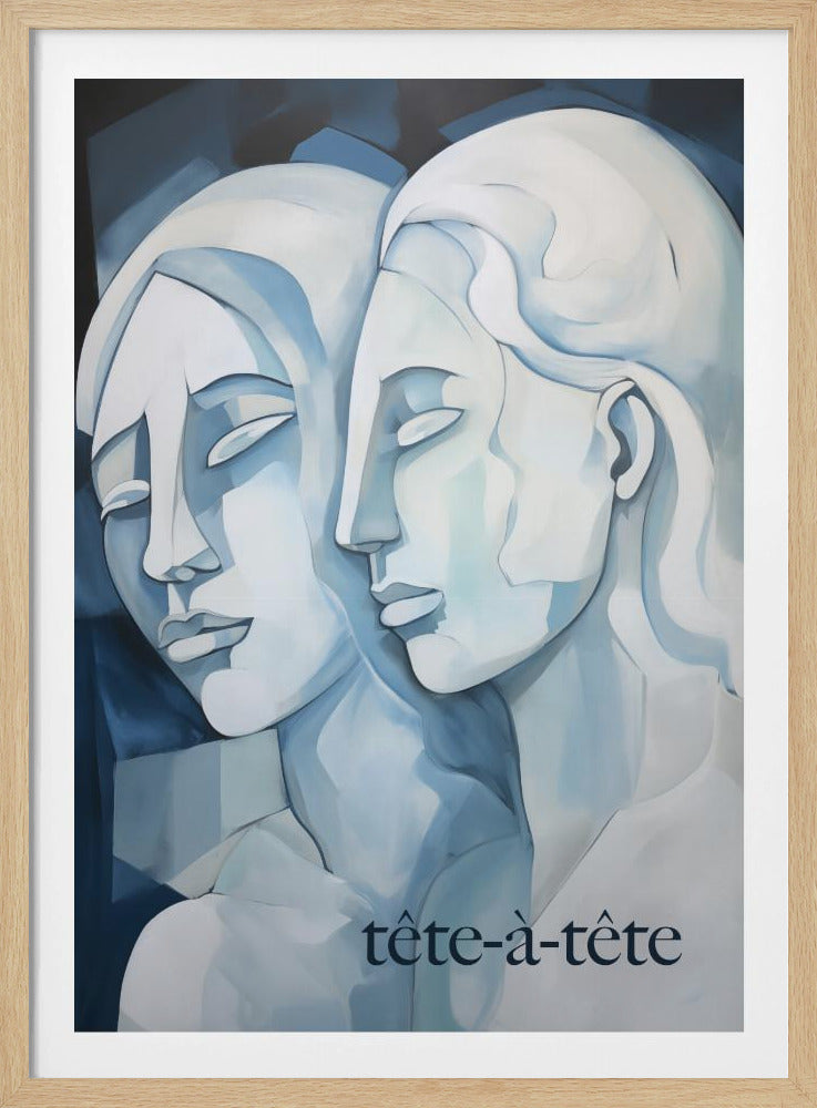 A modern, stylized painting of two women's faces close together, rendered in shades of blue, white, and grey. The figures have a sculptural, geometric quality with closed eyes, conveying a sense of intimacy and tranquility. The phrase 'tête-à-tête' is written in a black serif font at the bottom. The artwork is presented in a simple black frame. Decor