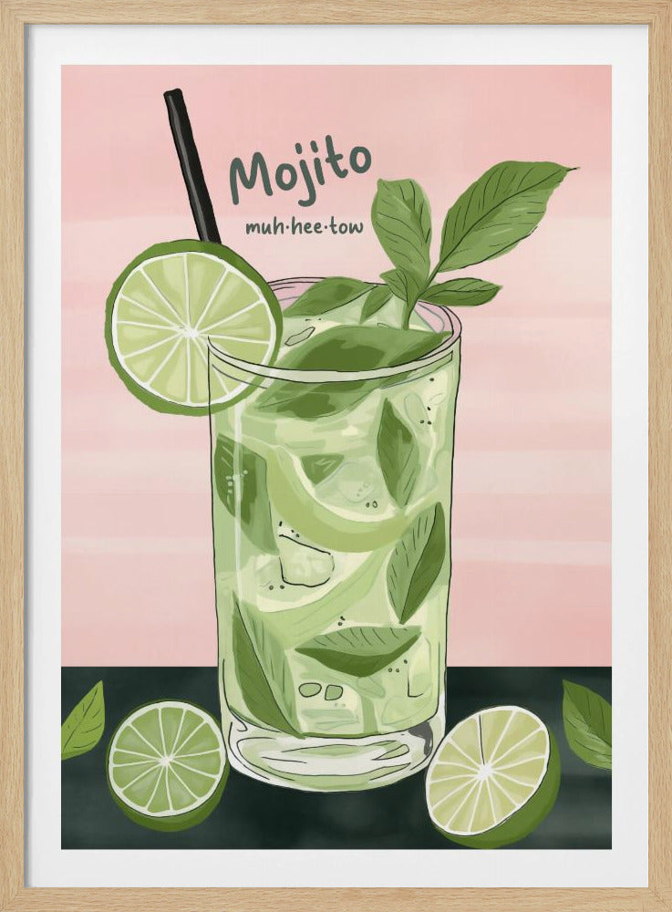 A stylized illustration of a tall glass of Mojito against a pink and dark green background. The drink is filled with ice, mint leaves, and lime slices, and garnished with a lime wheel and a fresh mint sprig. The word 'Mojito' and its phonetic spelling 'muh·hee·tow' are written in the top left corner. Artwork