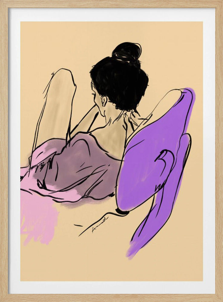 A minimalist illustration of a woman seen from behind, reclining against a beige background. Her black hair is styled in a bun, and she is loosely draped in fabrics of vibrant purple and soft lavender. The artwork is characterized by expressive black line work and blocks of color. Wall Art