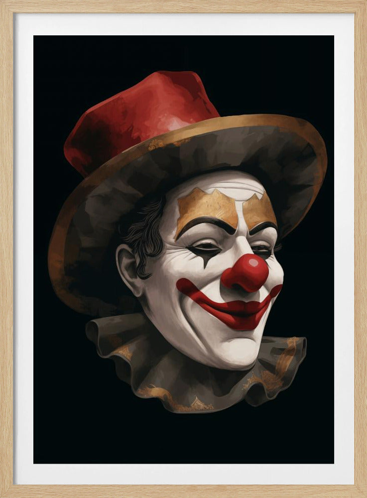 A detailed, painterly portrait of a smiling clown with closed eyes against a solid black background. He wears a red top hat with a dark brim, white face makeup, a round red nose, a wide red smile, and a ruffled collar. Print