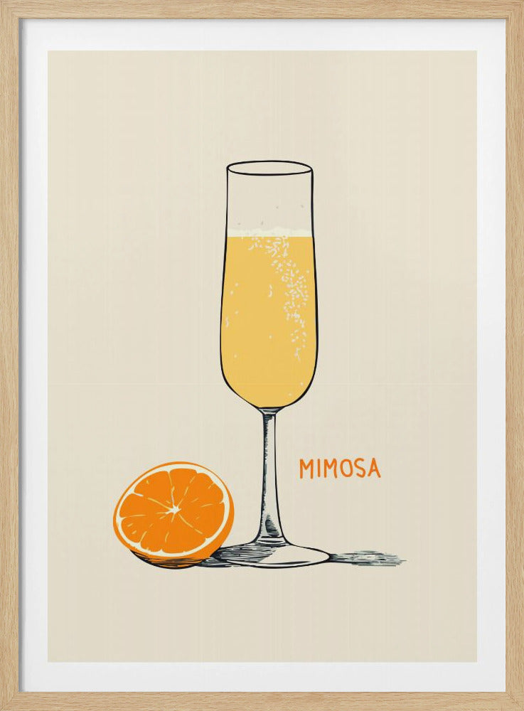 A framed illustration of a mimosa cocktail against a cream background. The image features a tall champagne flute filled with a bubbly orange drink, a half-cut orange sitting beside it, and the word 'MIMOSA' in orange capital letters. Poster