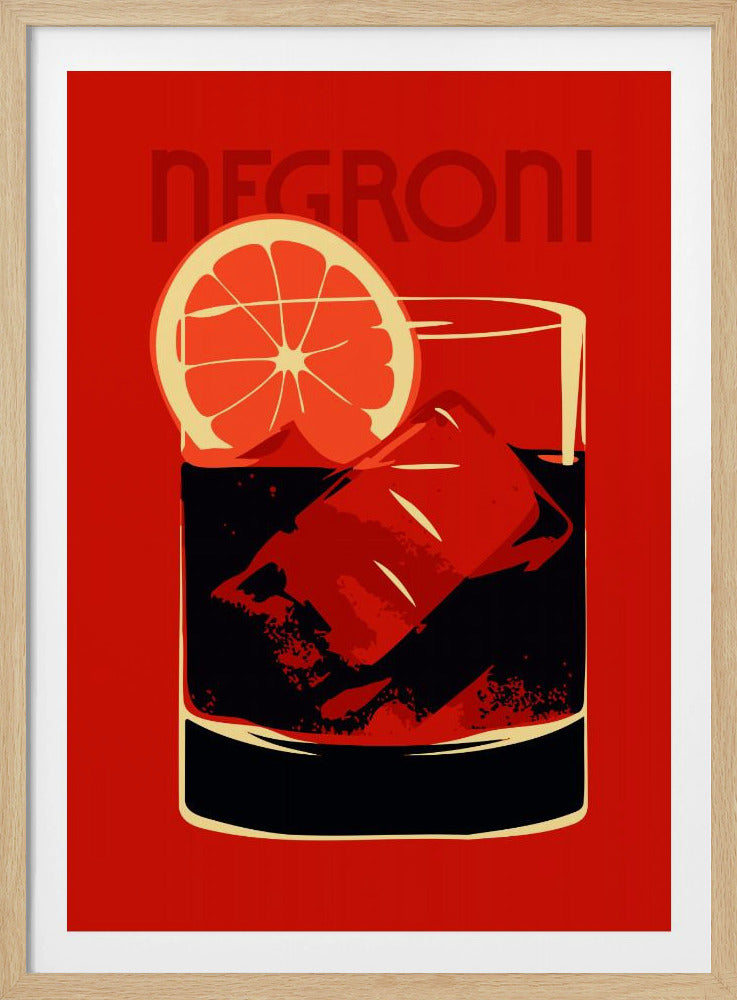 A stylized graphic art poster of a Negroni cocktail. The drink is in a short glass with a large ice cube and an orange slice garnish, set against a vibrant red background with the word 'NEGRONI' at the top. Artwork