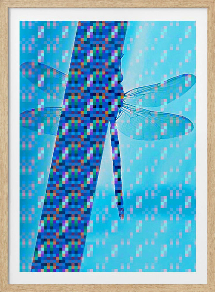 Abstract digital art featuring a dragonfly silhouette on a diagonal stem, both rendered in a colorful pixelated pattern against a vibrant cyan background with floating pixel clusters. Print