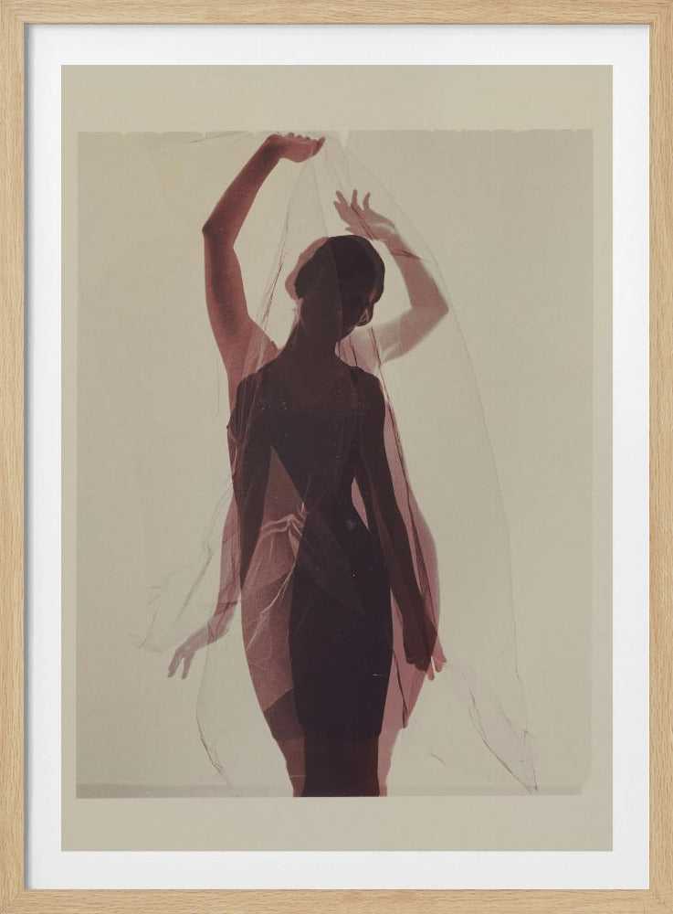 An artistic photograph of a woman in silhouette, wearing a dark dress and holding a sheer red veil above her head. A transparent, ghostly image of her in the same pose is overlaid, creating a double-exposure effect against a plain, cream-colored background. Print