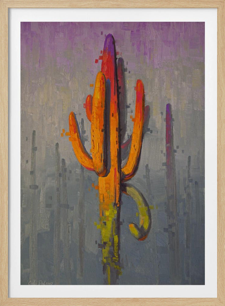 A vertical oil painting of a large saguaro cactus in a modern, painterly style. The cactus glows with vibrant orange, yellow, and red hues against a muted grey and lavender background, with other cacti silhouetted in the distance. The artwork has a unique glitch or pixelated effect integrated into the brushstrokes. Artwork