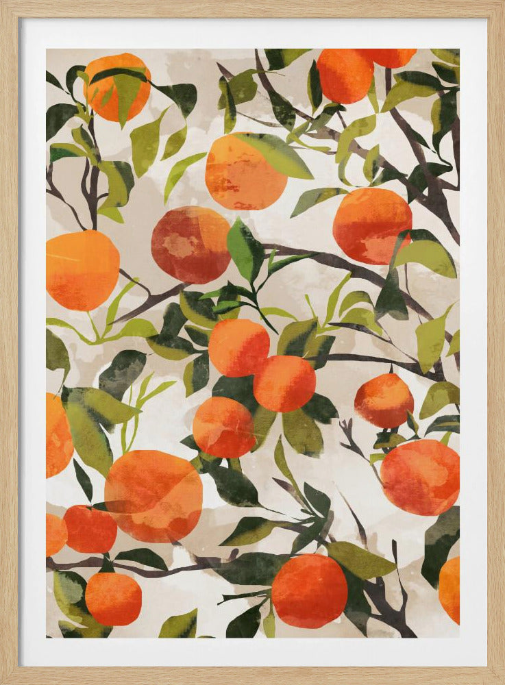 A stylized, painterly artwork of an orange tree in a black frame. Vibrant orange fruits and green leaves populate the canvas, set against a light beige background with dark, angular branches weaving throughout. Print